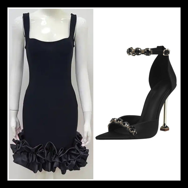 Women Sleeveless Ruffled Sexy Black Dress