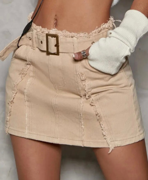 Women Fashion Fringe Belted Denim Skirt