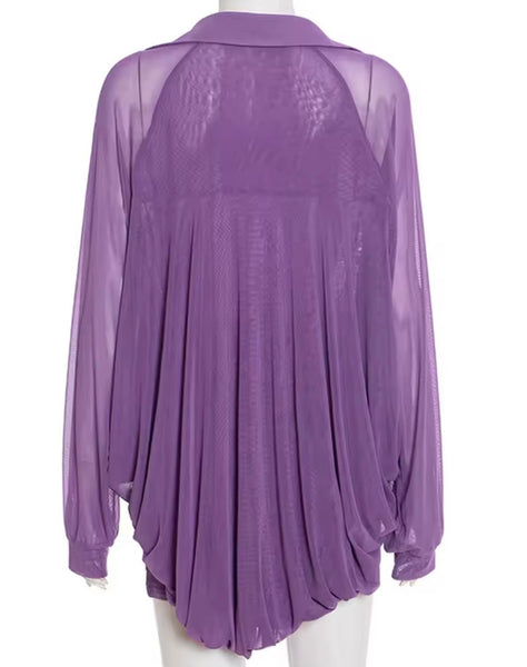 Women Sexy Mesh Full Sleeve Two Piece Skirt Set
