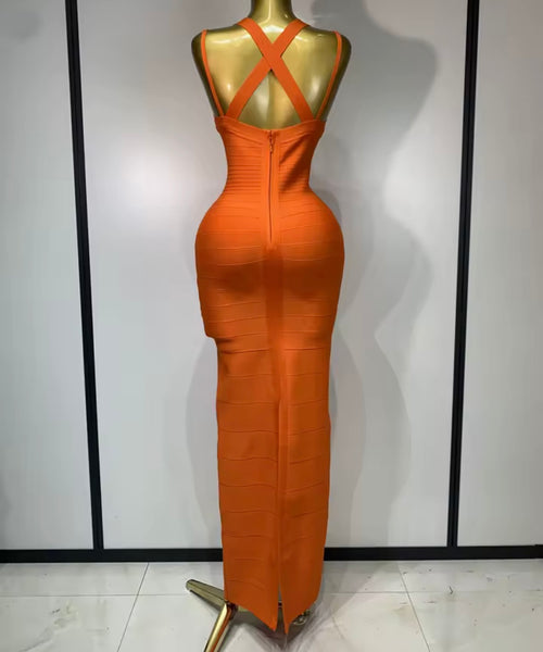 Women Sexy Sleeveless Orange Bandage Maxi Dress