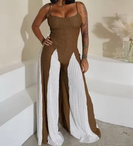Women Fashion Sleeveless Color Patchwork Wide Leg Jumpsuit