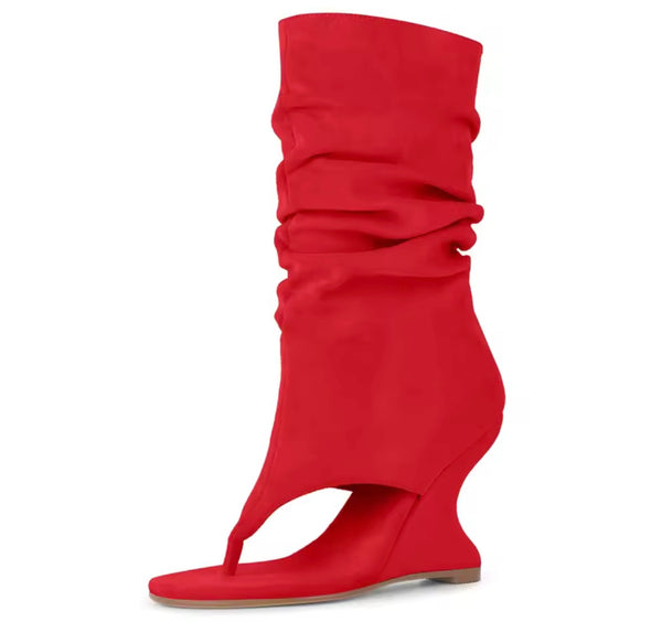 Women Fashion Suede Open Toe Ruched Wedge Ankle Boots