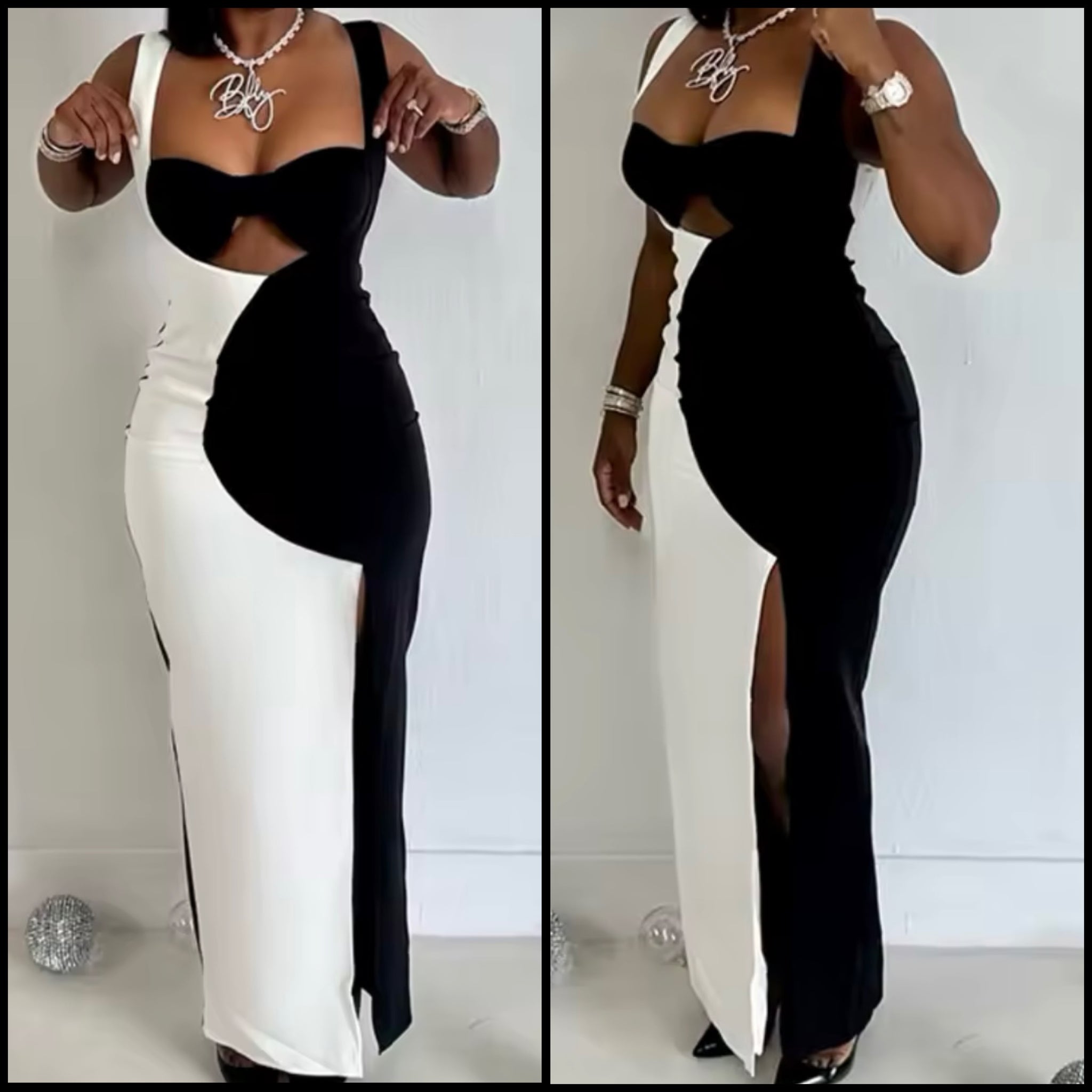 Women Sexy Sleeveless B&W Cut Out Maxi Dress