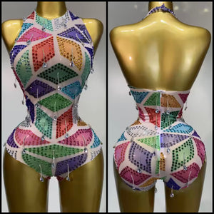 Women Halter Sleeveless Colorful Crystal Mesh Bodysuit Top