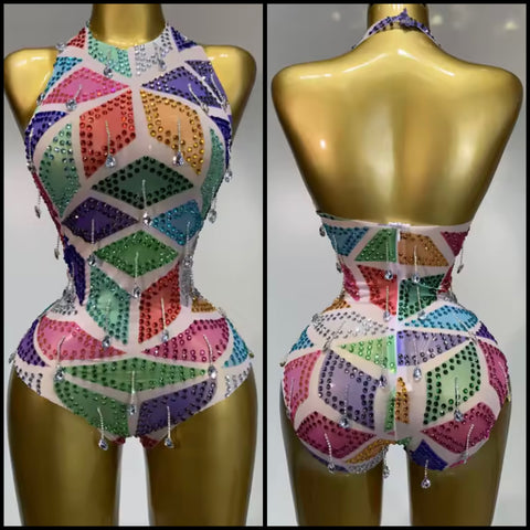 Women Halter Sleeveless Colorful Crystal Mesh Bodysuit Top