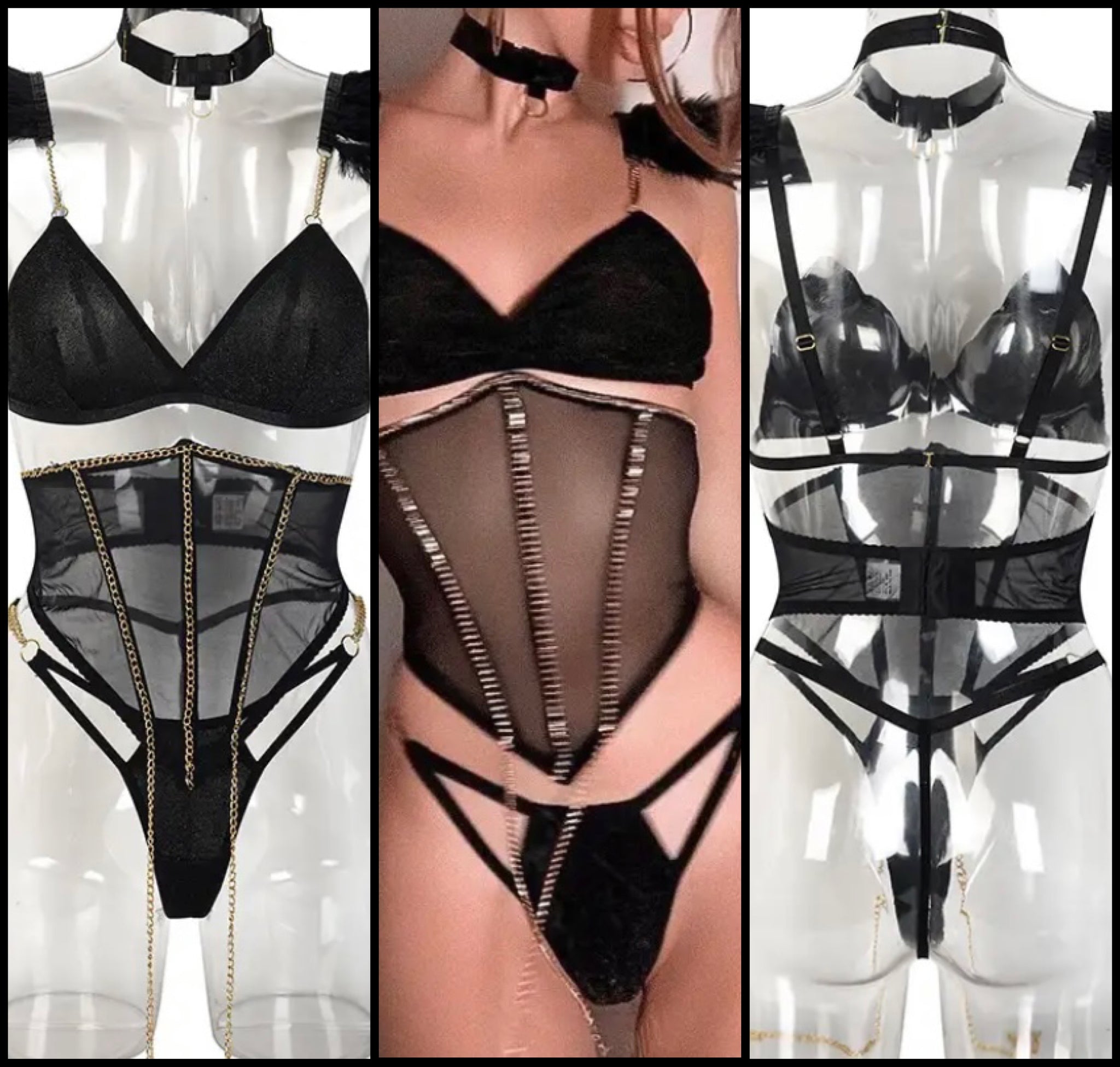 Women Sexy Black Bling Feather Lingerie Set