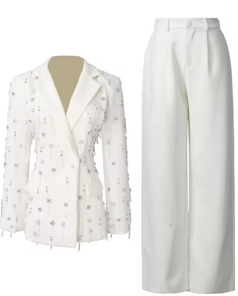 Women Fashion Rhinestone Tassel Blazer Two Piece Pant Set