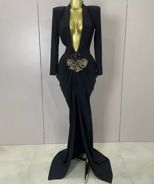 Women Sexy Black Deep V-Neck Full Sleeve Bling Maxi Dress