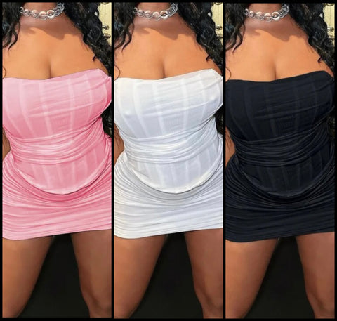 Women Sexy Strapless Solid Color Drawstring Two Piece Skirt Set