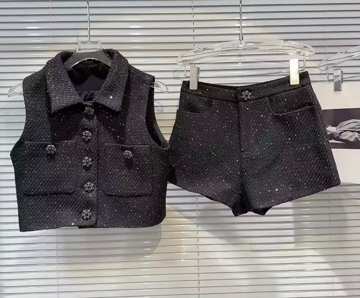 Women Sleeveless Button Up Tweed Two Piece Short Set