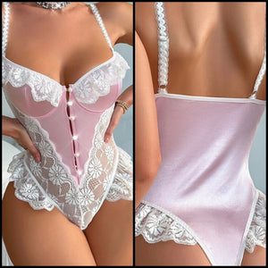 Women Sexy Sleeveless Pink Satin Lace Patchwork Bodysuit Lingerie