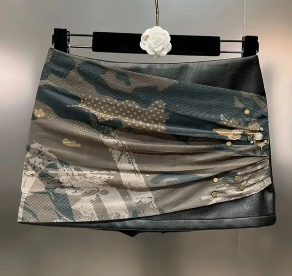 Women Fashion Camouflage Faux Leather Short Skirt