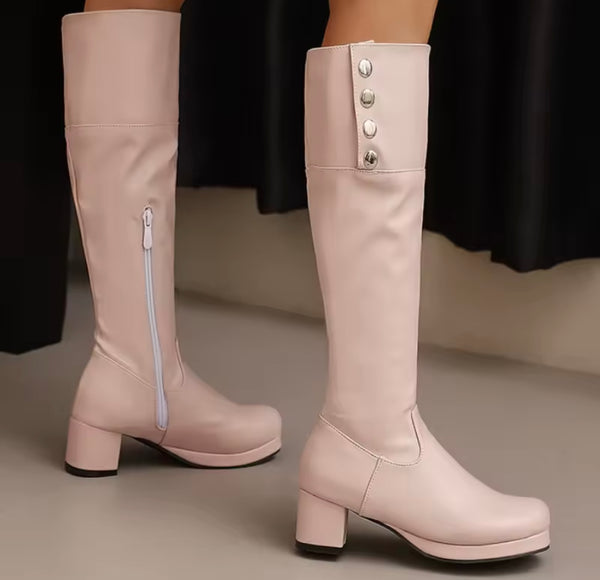 Women Color Button Fashion Faux Leather Knee High Boots