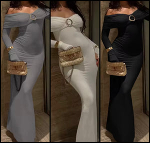 Women Sexy Solid Color Off The Shoulder Full Sleeve Maxi Dress