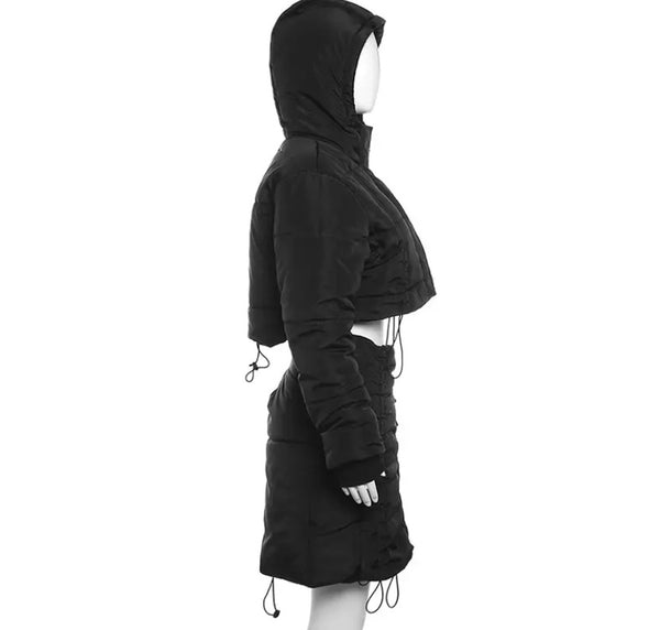 Women Black Hooded Drawstring Two Piece Jacket Skirt Set