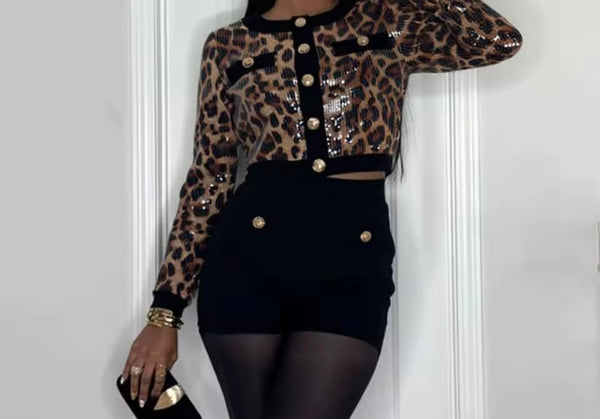 Women Sequins Leopard Print Button Up Two Piece Short Set