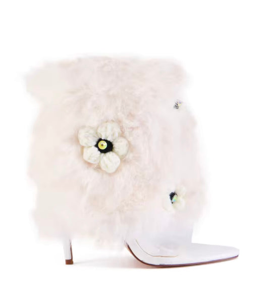 Women White Faux Fur Floral Fashion High Heel Ankle Boots