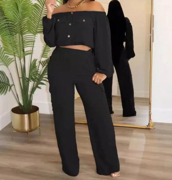 Women Fashion Button Up Pocket Full Sleeve Crop Two Piece Pant Set
