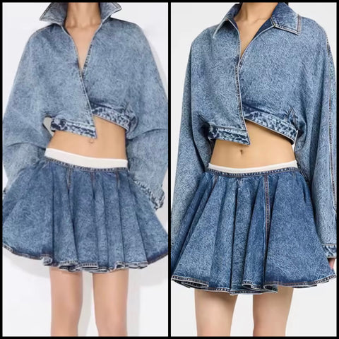 Women Fashion Full Sleeve Denim Two Piece Pleated Skirt Set