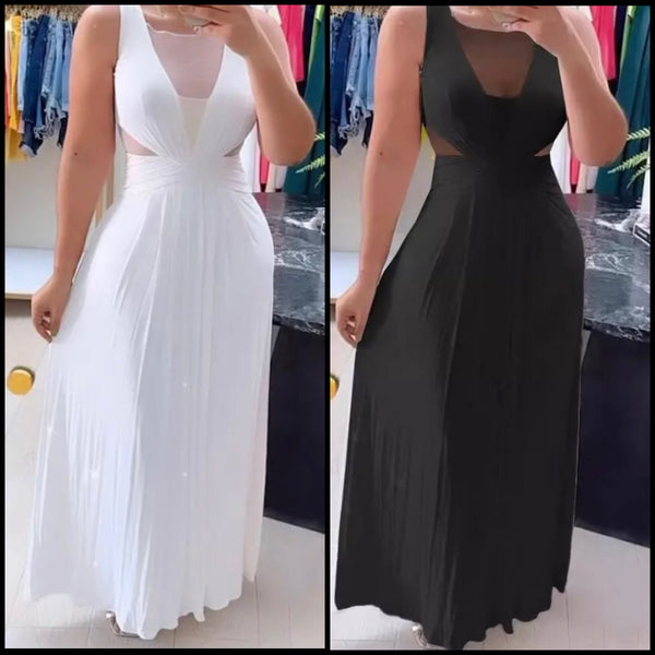 Women Sexy Solid Color Mesh Patchwork Sleeveless Maxi Dress