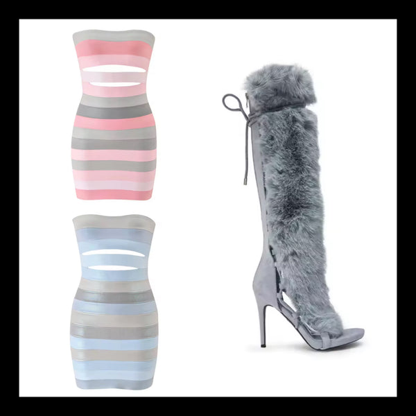 Women Sexy Striped Strapless Faux Leather Dress