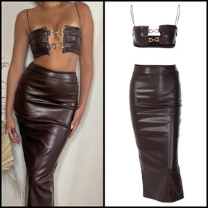 Women Sexy Brown Sleeveless Faux Leather Two Piece Skirt Set