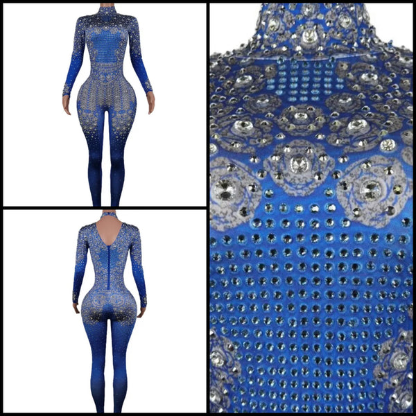 Women Blue Sexy Full Sleeve Rivet Rhinestone Jumpsuit