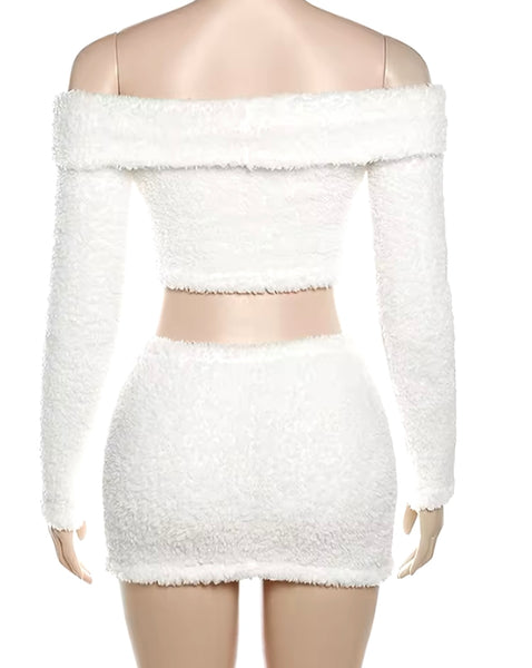 Women Sexy Solid Color Furry Off The Shoulder Two Piece Skirt Set