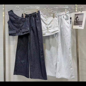 Women Fashion Button Up One Shoulder Two Piece Wide Leg Pant Set
