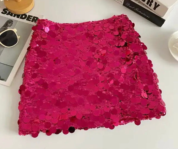 Women Fashion Solid Color Sequins Short Skirt