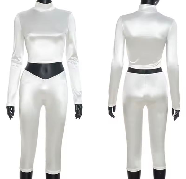 Women Sexy Fashion Turtleneck Full Sleeve Two Piece Capri Pant Set