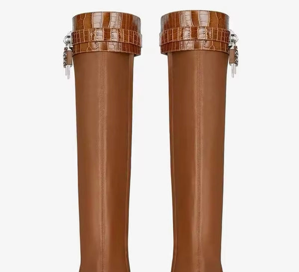 Women Open Toe Buckled Lock Faux Leather Knee High Boots