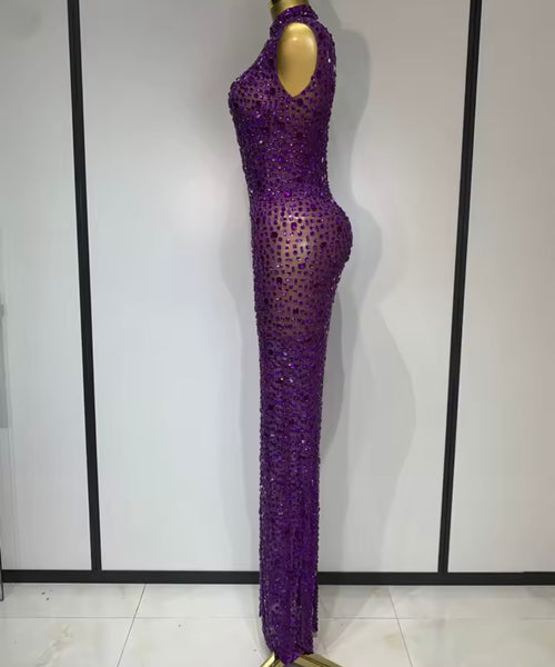 Women Sexy Sleeveless Color Crystal Mesh Maxi Dress