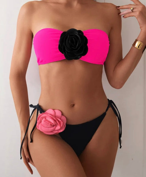 Women Sexy Strapless Floral Color Patchwork Bikini Swimsuit