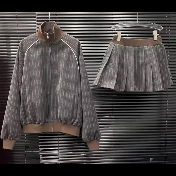 Women Striped Color Patchwork Two Piece Pleated Skirt Set