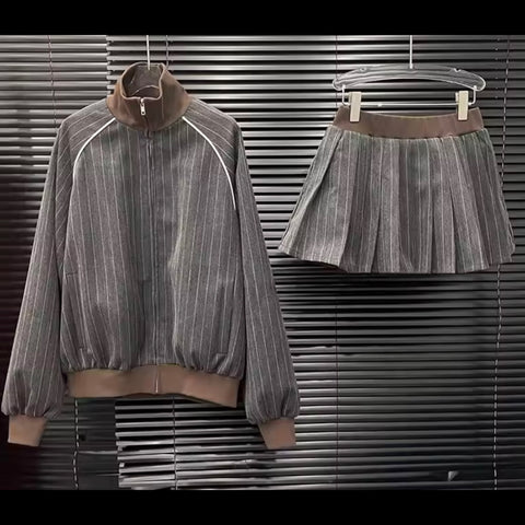 Women Striped Color Patchwork Two Piece Pleated Skirt Set