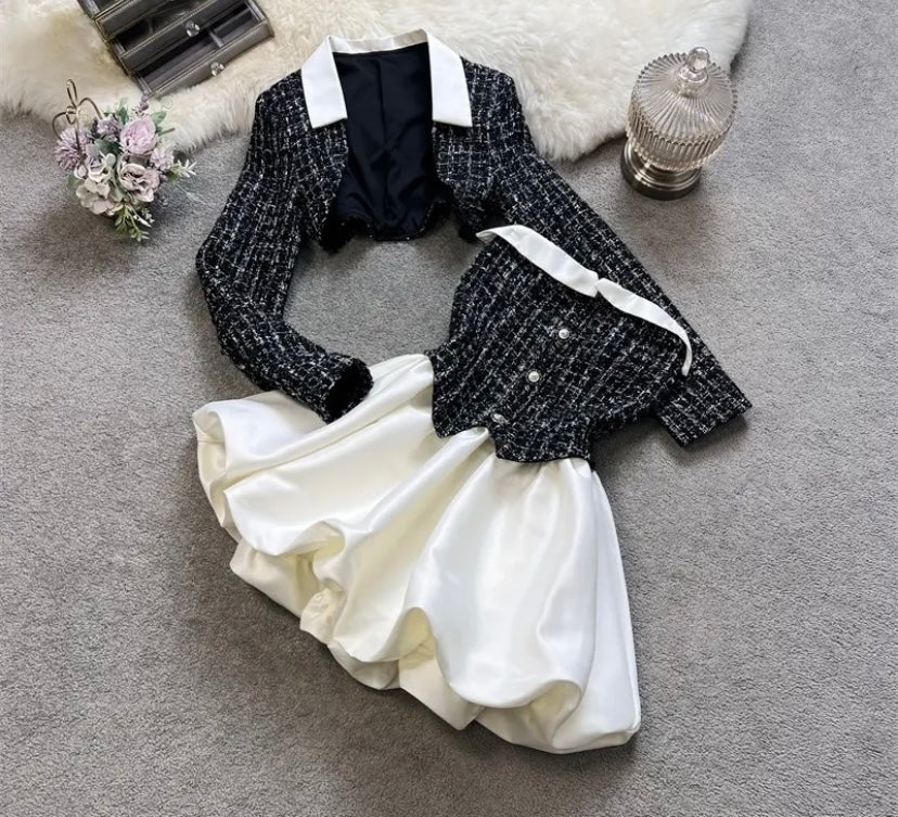Women Contrast Stitching Tweed Sexy Two Piece Dress