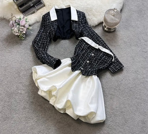 Women Contrast Stitching Tweed Sexy Two Piece Dress