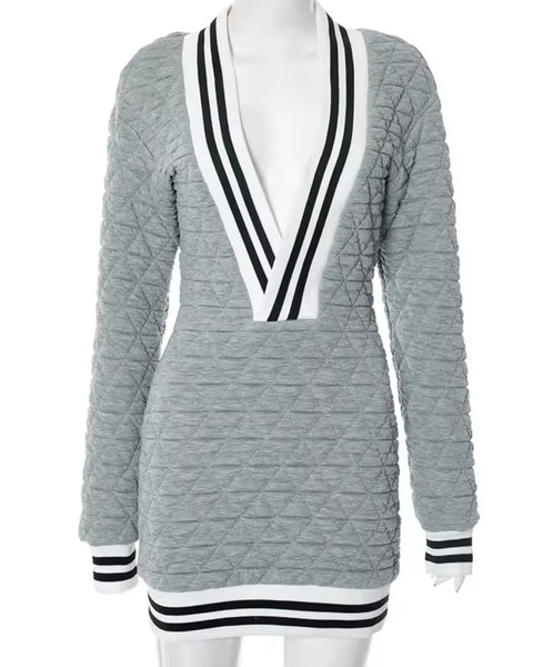 Women Sexy Deep V-Neck Gray Striped Full Sleeve Sweater Dress