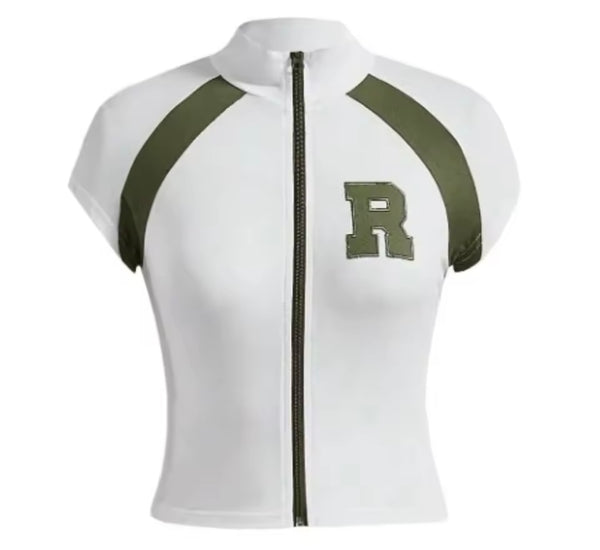 Women Letter Zip Up Short Sleeve  Sexy Two Piece Skirt Set