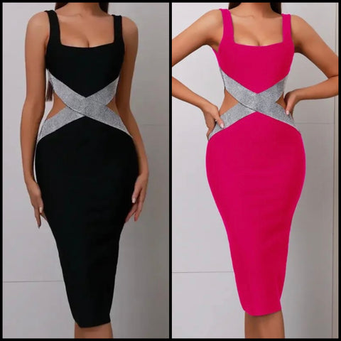 Women Sexy Solid Color Sleeveless Bling Cut Out Dress