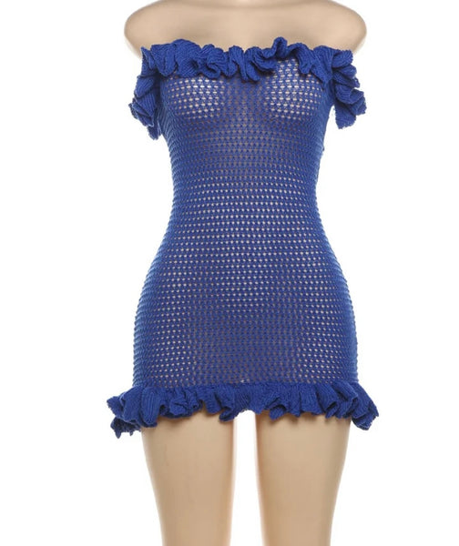 Women Blue Sexy Strapless Ruffled Open Back Knitted Dress