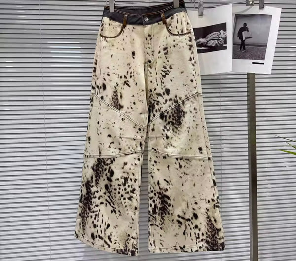 Women Chain Sleeveless Leopard Print Denim Two Piece Pant Set