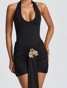 Women Sexy Halter Sleeveless Gold Pin Tassel Ruched Dress