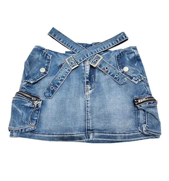 Women Fashion Buckled Pocket Denim Skirt