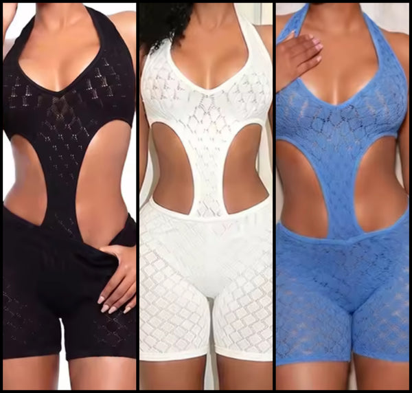Women Sexy Halter Sleeveless Open Back Mesh Romper