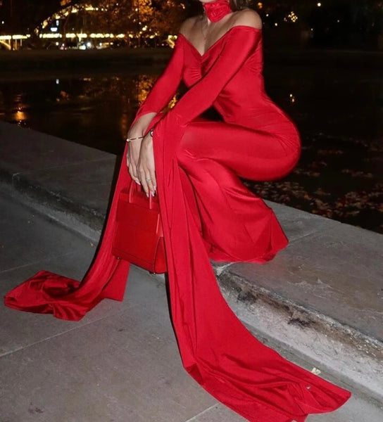 Women Sexy Red Full Sleeve Batwing Off The Shoulder Jumpsuit