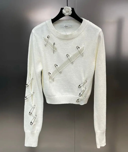 Women Fashion Safety Pin Patchwork Sweater Top