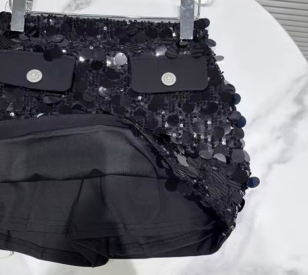 Women Sequins Patchwork Pocket Sexy Skirt