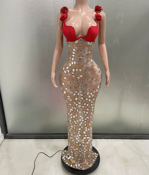 Women Sexy Sleeveless Red Mirror Rhinestone Maxi Dress